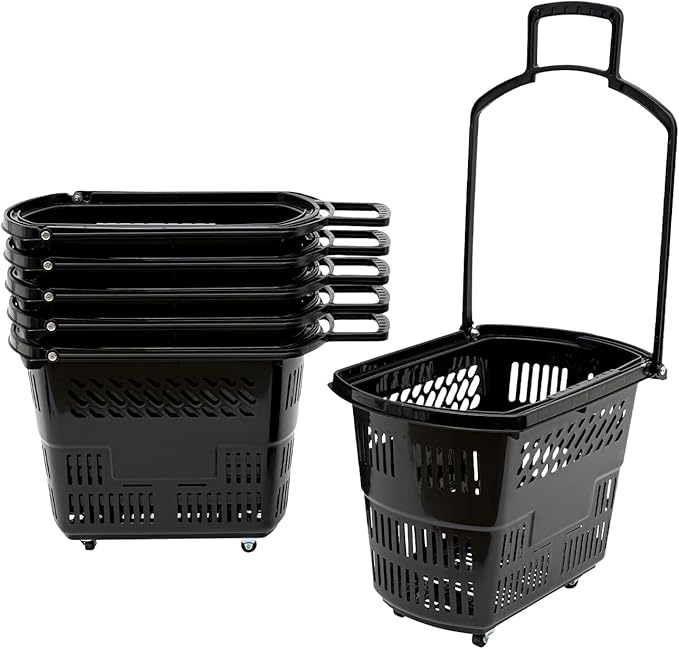 6PCS Shopping Carts with Wheels, 35L Portable Shopping Baskets Set with Handles Grocery Basket for Retail Store, Supermarket, Grocery |19" x 13.7" x 14" (Black)
