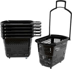 6PCS 35L Rolling Shopping Baskets with Wheels Portable Grocery Basket Set with Handles Plastic Shopping Cart for Supermarkets, Retail Stores, Bookstores (Black)