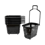 35L 6PCS Black Shopping Baskets with Wheels, Portable Rolling Shopping Basket Cart, Heavy Duty PP Plastic Storage Basket with Handle, 50kg Load Capacity for Supermarket, Retail Store, Warehouse