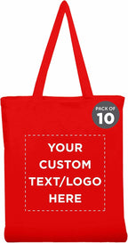 DISCOUNT PROMOS Custom Cotton Canvas Tote Bags Set of 10, Personalized Bulk Pack - Reusable, Great for Shopping, Grocery, Beach, Picnic, Wedding Favors - Red
