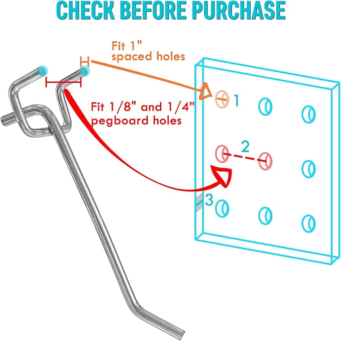 Pegboard Hooks Accessories - 62pcs 2/4/6 Inch Metal Peg Board Tool Hangers, Fits 1/8 1/4 Pegs Slots, Pegboard Wall Organizer Shelving Racks, Hanging Display Storage Holders for Garage Craft Office