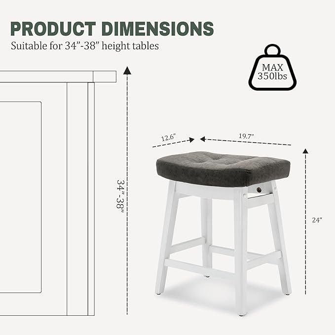 Counter Height Bar Stools Set of 6 for Kitchen Counter Farmhouse Modern Barstools with Faux Leather Upholstered Backless Seat and Solid Wood Legs 24 inch Bar Chairs, Grey + White