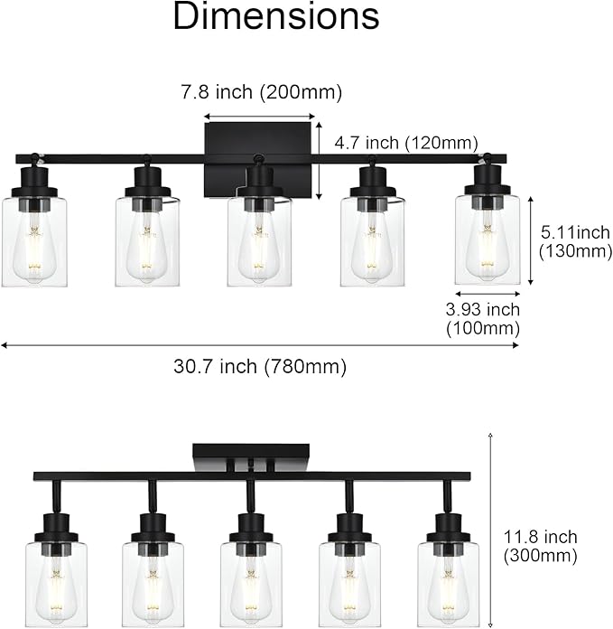 5-Light Track Lighting Kit Black Track Lighting Fixtures Bathroom Wall Sconces Ceiling Mount Kitchen Tracking Lights, Rotatable Spotlight with Clear Glass Shade for Kitchen Shop Hallway