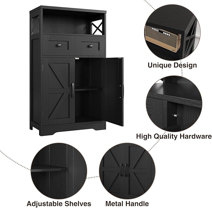 Black Farmhouse Kitchen Pantry Cabinet With Doors and Shelves, Coffee Bar Storage, Freestanding Floor Hutch Cupboard for Kitchen, Laundry, Living Room