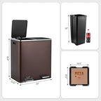 Arlopu Dual Trash Can, 2 x 8 Gallon (2 x 30 L) Hands-Free Trash and Recycle Bin Combo, Stainless Steel Kitchen Garbage Can with Soft-Close Lid, Removable Inner Buckets, Step Pedal, Airtight (Brown)