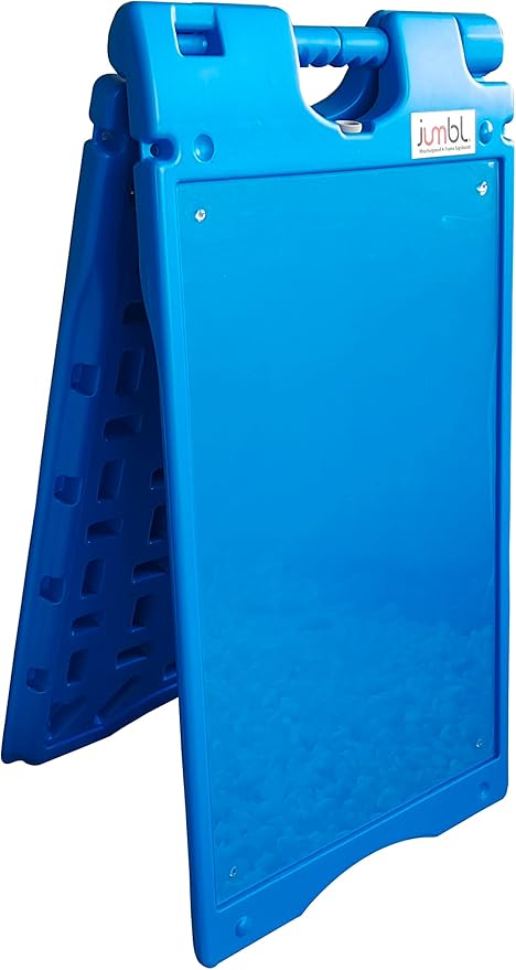 Jumbl A-Frame Signboard 15.7” x 26” Display Surface – Small Outdoor Sandwich Board w/Weather Resistant PVC Sign Protector & Sand Fill Holes – Dual Signage Stand for Storefront Sidewalk Curb (Blue)