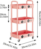 Laiensia 3-Tier Rolling Cart with Wheels,Multifunction Utility Storage Carts, Kitchen Storage Organizer,Mobile Shelving Unit for Bathroom,Laundry,with Classified Stickers,Pink
