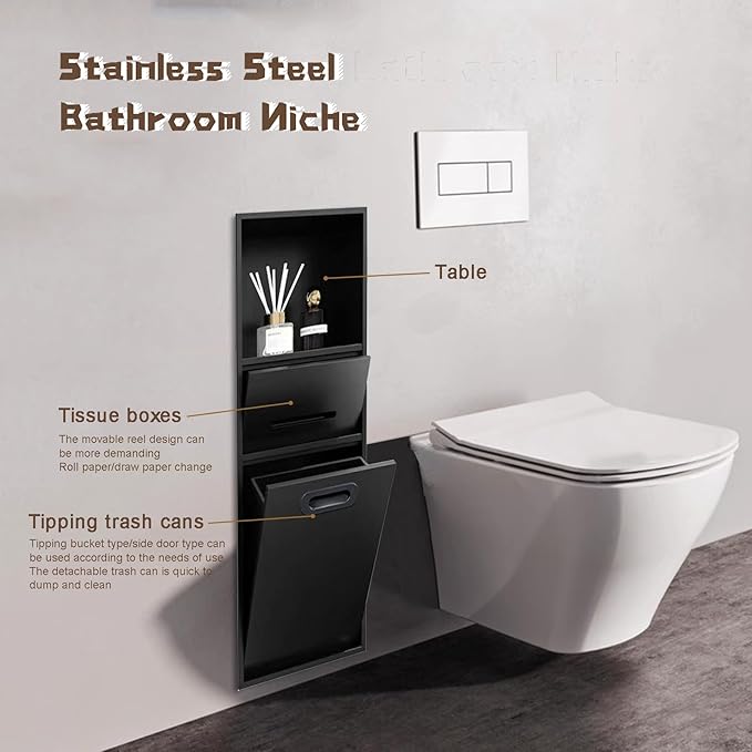 Stainless Steel Shower Nich, 25.4X11.2IN Recessed Waterproof Bathroom Niche, Built-in Trash Can Alcove, Toilet Paper Toiletries Storage Rack for Kitchen Living Room Bedroom Hotel Residential