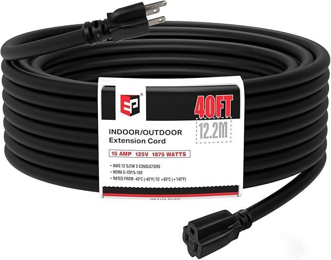 EP 40 Ft Outdoor Extension Cord - 12/3 SJTW Heavy Duty Black Extension Cable with 3 Prong Grounded Plug - Power Cord for Lawn, Garden, Appliances