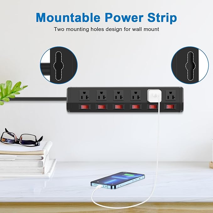 CCCEI Metal Power Strip Individual Switches 6 Outlets, Heavy Duty Power Strip 20Amp Surge Protector for Appliances, 15FT Extension Cord Strip, 1200J Surge Protector 20A 125V 2500W.
