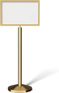 Crowd Control Warehouse Pedestal Standing Floor Sign Frame with Sloped Base, 14x22 Inch Horizontal, Polished Brass