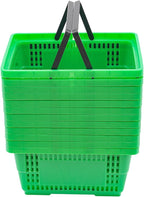LOYALHEARTDY 12PCS Shopping Baskets with Handles, 21L Plastic Grocery Basket for Retail Store, Supermarket, Grocery Shopping |17" x 12" x 9" Portable Shop Basket (Green)