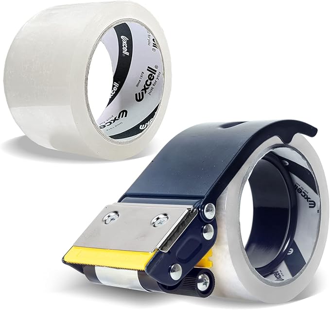 Excell ET-22686 Anti-Backflow Metal Packaging Tape Dispenser (2" Wide) with 2 Roll Tapes for Packaging, Transportation, Moving and Box Sealing Carton (Tape Gun + 2 Tapes)
