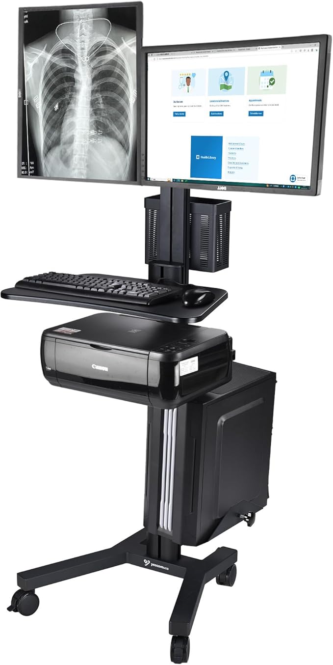 Yescom Mobile Computer Cart on Wheels Rolling PC Stand Desk Work Station Dual Monitor Mount Adjustable Keyboard Tray CPU Printer Holder for Lab Warehouse Black