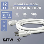 EP 12 Ft Outdoor Extension Cord, 12/3 SJTW Heavy Duty Extension Cable with 3 Prong Grounded Plug, 15 AMP Power Cord for Lawn, Garden, Appliances, White