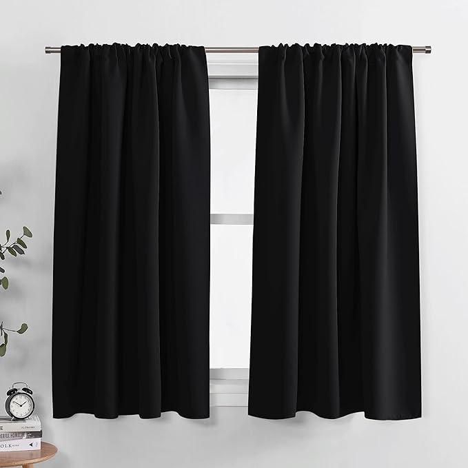 PONY DANCE Bedroom Drapes Set - Blackout Curtains All Season Solid Rod Pocket Top Curtain Panels/Thermal Insulated Draperies Window Treatments, W 42 by L 63 inches, Black, 1 Pair