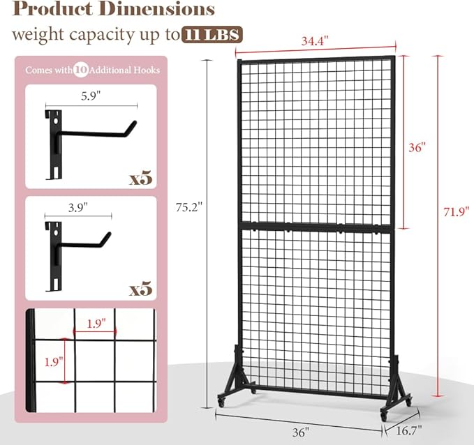 Kokorona 2-Pack 2.9' x 6' Grid Wall Panel Display Stand with 10 Grid Hooks, Wire Grid Wall Display Rack with Rubber Wheels, Floorstanding Art Display Panels for Art Craft Show, Retail Display Stand