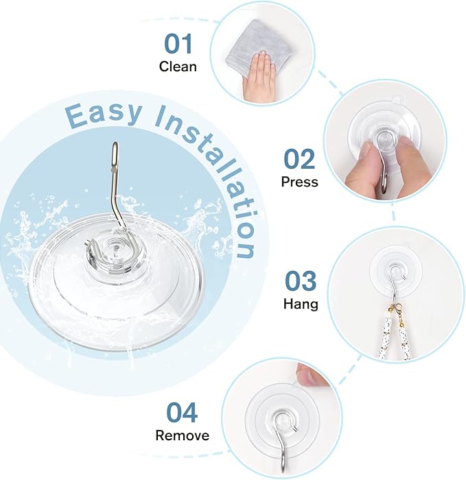 VIS'V Suction Cup Hooks, 1.77 Inch Small Window Suction Cups with Metal Hooks, Removable and Reusable, Clear, 12 Pcs