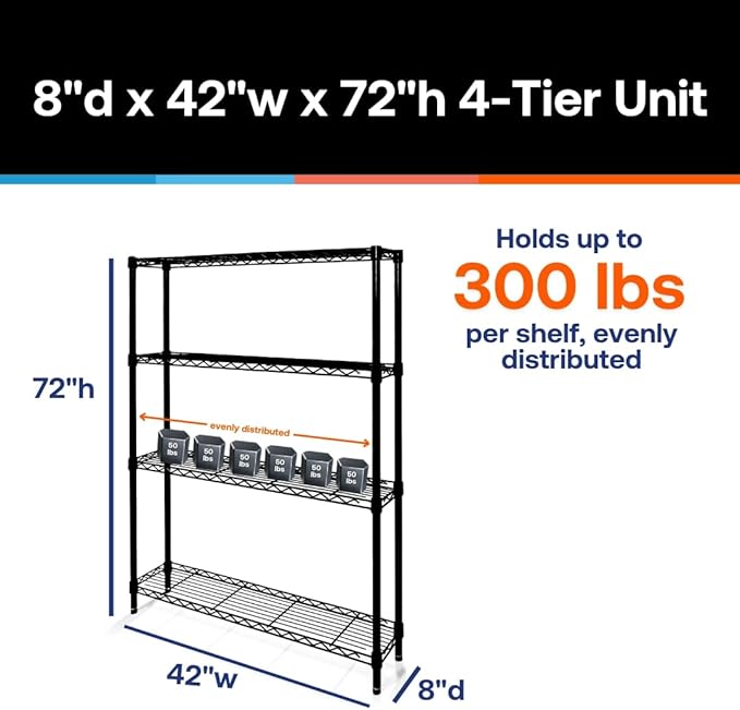 Shelving Inc. 8" d x 42" w x 72" h Black Wire Shelving with 4 Tier Shelves, Weight Capacity 300lbs Per Shelf