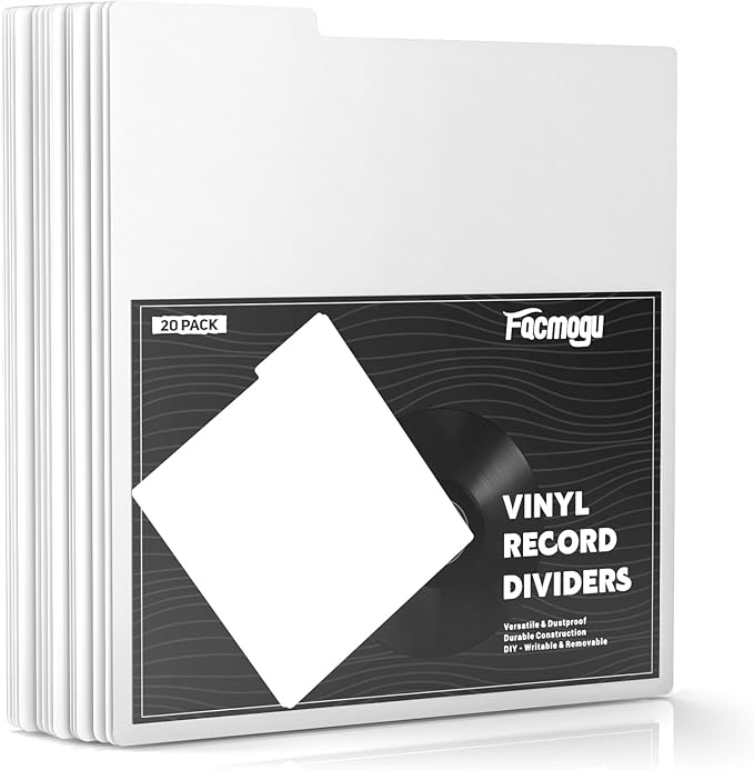 Facmogu 20PCS Vinyl Record Dividers, Upgrade Thicker 12" Plastic Vinyl Record Divider, Reusable DIY Blank Album Vinyl Separators for LP DVD Record Organization, Writable 33 RPM Record Dividers - White