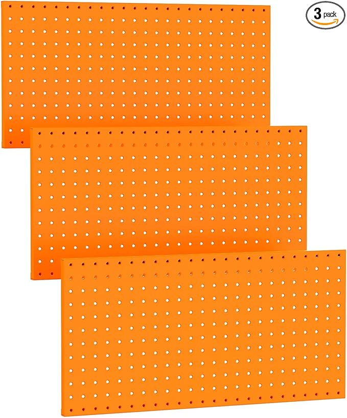 TORACK 3 PCS Metal Pegboard Panels(12x24 inch) for Wall Garage Tools Storage Pegboard for Workbench, Modular Peg Board Tool Organizer Board Kit(Pack of 3, Orange)