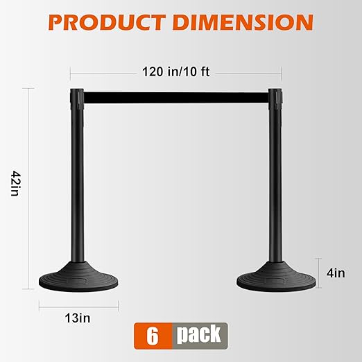 6 Pack Black Crowd Control Stanchions with 10FT Retractable Belts, Rubber Base Posts for Event Queue and Crowd Management