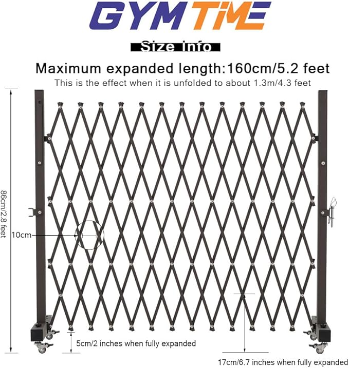 GYMTIME Metal Expandable Barricade, Portable Safety Barrier with Casters, Flexible Mobile Folding Security Gate, Adjustable Traffic Fence for Home, School, Warehouse, 5.2 Feet, 34 inch High