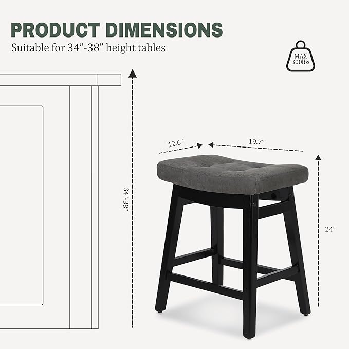 Counter Height Bar Stools Set of 2 for Kitchen Counter Farmhouse Modern Barstools with Faux Leather Upholstered Backless Seat and Solid Wood Legs 24 inch Bar Chairs, Grey + Black