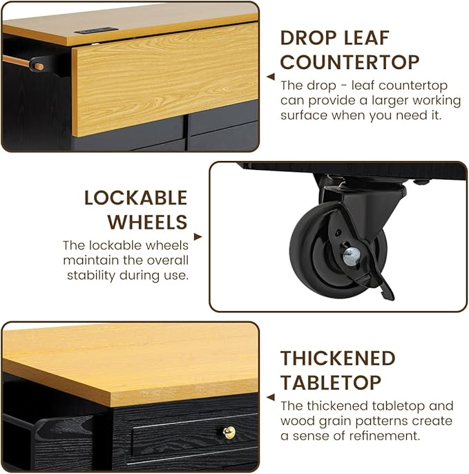 COCO DESIGN 60" Rolling Kitchen Cart with Power Strip & Drop Leaf, Thick Countertop, Large Storage Cabinet & Drawers, Mobile Island with Locking Wheels, Towel Rack and Spice Rack, Black and Oak