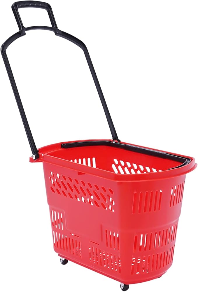 6PCS Plastic Shopping Basket with Handles & Wheels, 35L Rolling Shopping Carts, Grocery Basket with 4 Wheels and Handle, Portable Shopping Basket for Retail Stores, Supermarkets (6PCS - Red)