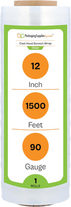 PSBM Stretch Wrap, 12 Inch x 1500 Feet, 90 Gauge, Clear Plastic Cling, Cast Hand Stretch Film Rolls for Packaging Moving Packing Pallets