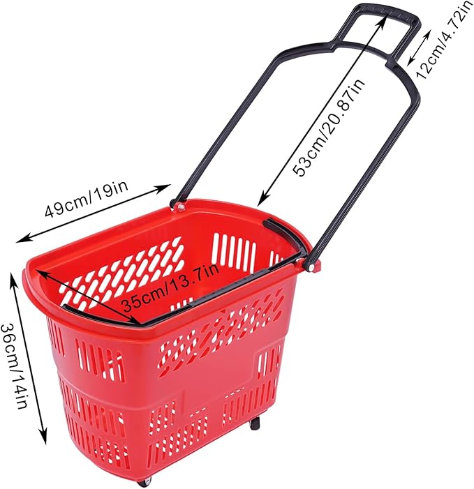 6PCS 35L Rolling Shopping Baskets with Wheels Portable Grocery Basket Set with Handles Plastic Shopping Cart for Supermarkets, Retail Stores, Bookstores (Red)