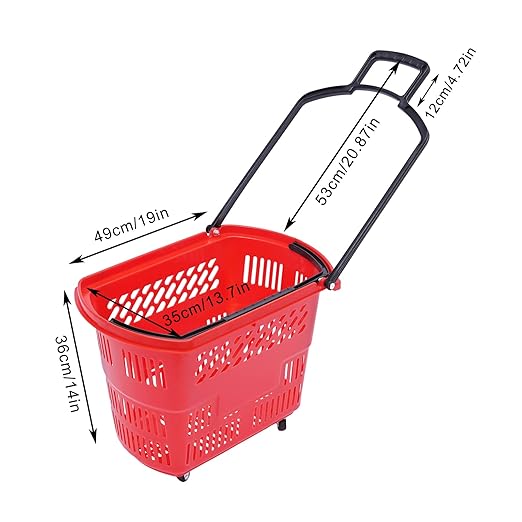 Rolling Shopping Baskets, 6PCS Shopping Carts 35L/9.2gal Plastic Rolling Shopping Basket with Wheels and Handle for Carrying and Storing Clothing Groceries (Red)