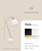 HarvestLand Halo Silver White Adjustable Desk Lamp – Reading Lamp, Pharmacy Style Metal Desk Lamp, Industrial Table Lamp with Solid Base for Bedside Table, Task Lamp Home Office, Christmas Gifts