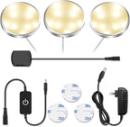 YGS-Tech LED Puck Lights, Under Cabinet Lighting Silver Trim, 3000K Warm White, CRI90+, Touch Dimming, All Accessories Included, Under Counter Lighting for Kitchen, Closet Lights, Safe Light, 3-Pack