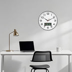 AKCISOT Wall Clock 12 Inch, Non-Ticking Silent Battery Operated Analog with LCD Display for Perpetual Calendar and Temperature, Ideal Modern Decor for Home, Bedroom, Kitchen, Office (Black)