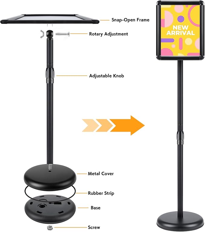 RedChili Floor Standing Sign Holder Stand, 8.5x11 Inches Stand Up Sign Holder with 360° Rotated Snap-Open Frame Height Adjustable Tall Sign Stand Vertical Horizontal View Display for Stores Schools Restaurants (Black, Round Corner)