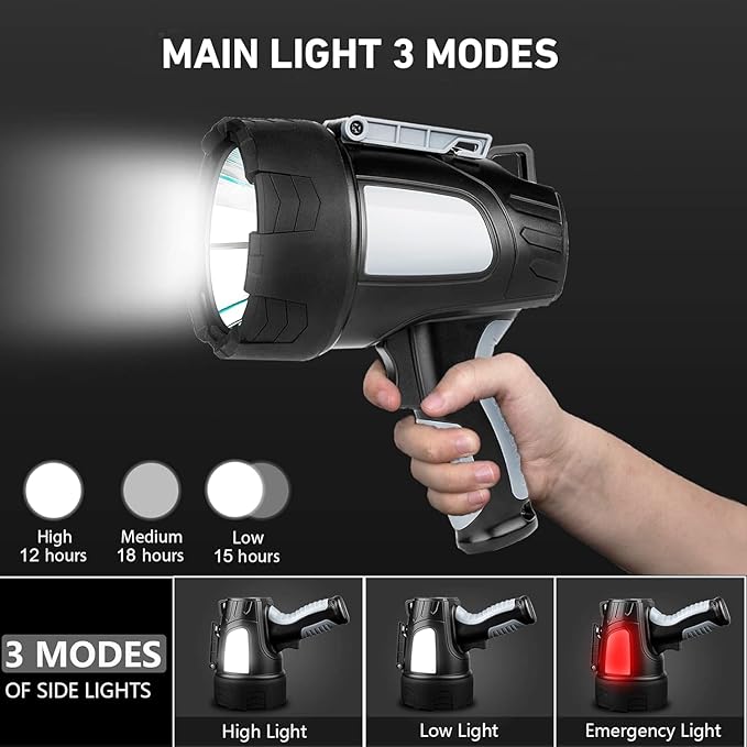 LBE Rechargeable Spotlight Outdoor, 90,000 Lumens Led Spotlight Flashlight with Cob Light and Foldable Tripod, 6 Modes Waterproof Handheld Spot Light for Outdoor Marine Boating Hµnting