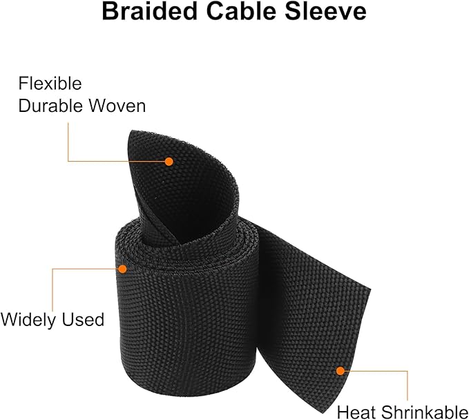 MECCANIXITY Braided Cable Sleeves Heat Shrinkable Fabric Sleeving, 1 1/4" 3ft Black 2:1 Ratio Heat Shrinkable Cord Protector for Harness Cable, Network Cable Protection, Cable Management