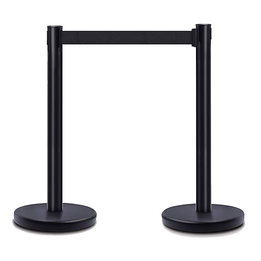 DuraSteel Crowd Control Barriers Line Dividers - Metal Stanchion Posts with 6.5ft Black Retractable Belt Ropes - for Store Queues, Airport Lines, Event Entries - 2 Set/Pack