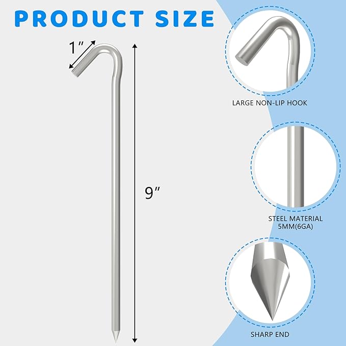 MySit 9" Tent Stakes, Metal Inflatables Stakes 60 Pack, Heavy Duty Galvanized Tent Stakes Metal, Tent Pegs Ground Trap Camping Stakes for Inflatables, Outdoor Decorations