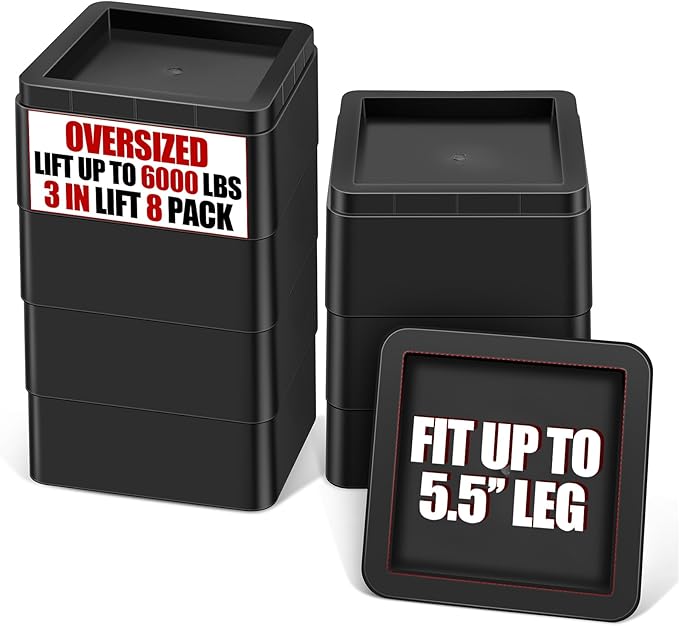 Oversized Heavy Duty Bed Risers & Furniture Risers - Stackable Supports 12000 Lbs,Furniture Lifter/Square Bed Raising Blocks for Sofas, Couches, Desks(Black 8 Pack, Fits Huge 5.5 inch × 3 inch)