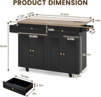 COCO DESIGN 60" Rolling Kitchen Cart with Power Strip & Drop Leaf, Thick Countertop, Large Storage Cabinet & Drawers, Mobile Island with Locking Wheels, Towel Rack and Spice Rack, Black and Walnut