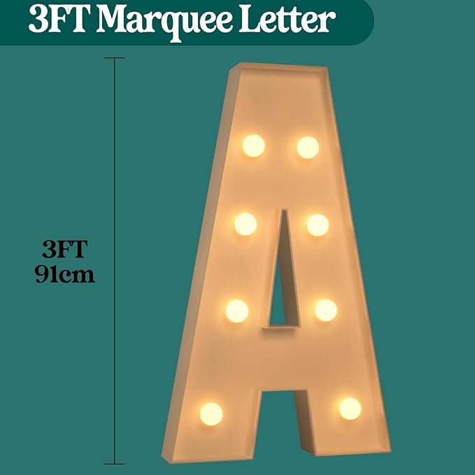Marquee Letters 3 Feet Tall, 3FT Large Light up Letters A, Big Sign A with Warm White Light for Birthday Wedding Proposal Engagement Graduation Party Backdrop Decorations