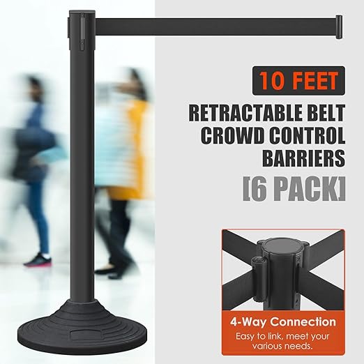 6 Pack Premium Crowd Control Stanchion Set, 40" H Delineator Post with 10' Feet Retractable Belt, Heavy-Duty Base, Safety Rope Barriers for Traffic Queue (Heavy Rubber Base, Black)