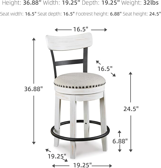 Signature Design by Ashley Valebeck | Modern Swivel 24.5" Counter Height Barstool – Rustic-Industrial Whitewash, Upholstered Cushion, 360° Swivel, Nailhead Trim
