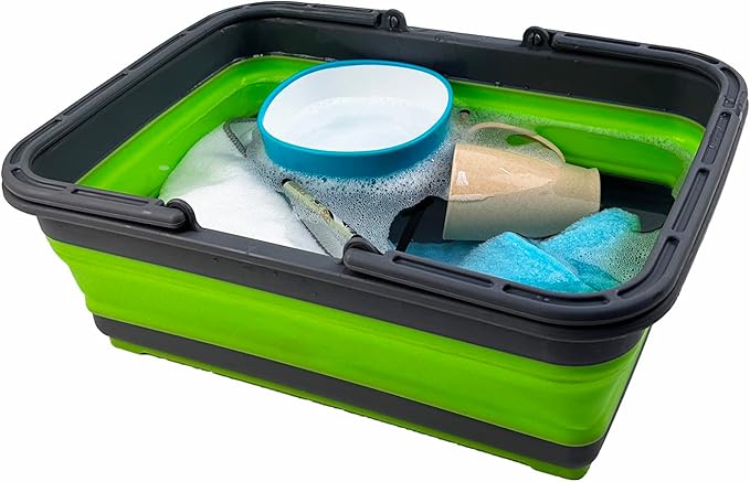 SAMMART Collapsible Basket with Handle 8L (2.1 Gallon) - Portable Outdoor Picnic Basket/Crate - Foldable Basin for Washing Dishes,Camping,Hiking (Grey/Green)