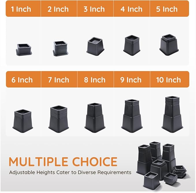 Bed Risers, Oversized Furniture Risers, 1/2/3/4/5/6/7/8/9/10 inches Adjustable Raise Blocks for Bed Couch Desk Sofa Table Lifts, Furniture Legs Lifters Support up to 6000 Lbs (Black, 4 Pack Set)