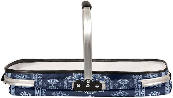 Collapsible Picnic Basket with Handle, Shopping Basket Aluminum Frame, Grocery Basket Tote for Women, Farmers Market Baskets, Harvest Baskets Travel Portable Beach Bag (Tribal-Floral Vintage Blue)