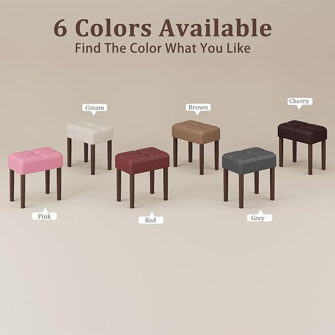 Leather Vanity Stool, 18.7 Inch Wide Rectangle Ottoman Bench for Makeup Room, Vanity Chair with Wood Legs for Piano Room, Bedroom,Living Room with Customizable (Cream)